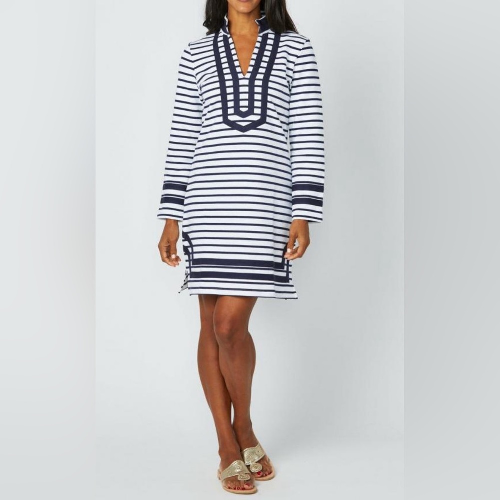 Sail To Sable French Terry Long Sleeve Tunic Dress - Navy/White